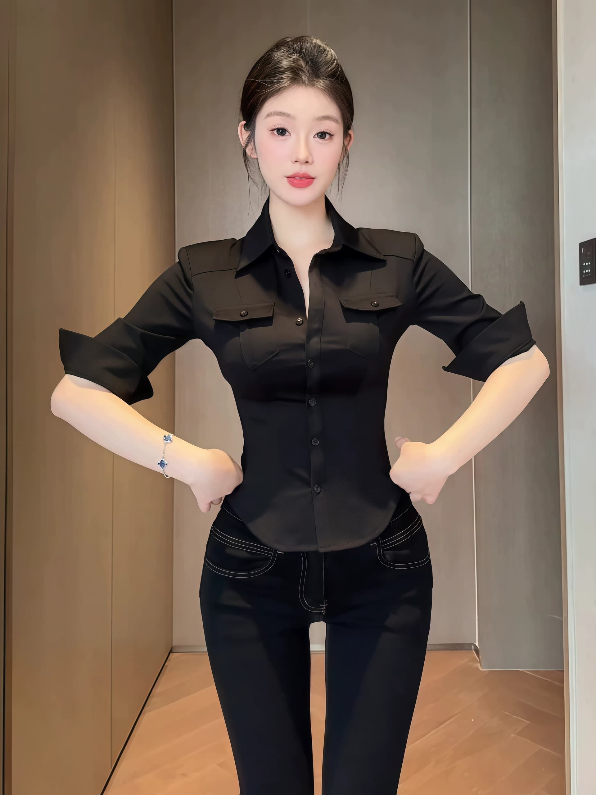 프랑스식 사소한 폴로 칼라 단추 중간 소매 허리 수축 셔츠 2026 여름 새로운 경력 몸매 가꾸기 슬림해 보이는 맨위 여성 이미지 4