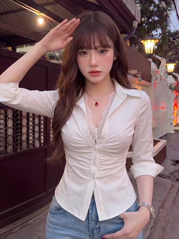 순수한 욕망 핫걸 바람 페이크 레이어드 레이스 화이트 반팔 여성 셔츠 가을 디자인 센스 몸매 가꾸기 허리 수축 품격 맨위 이미지 2