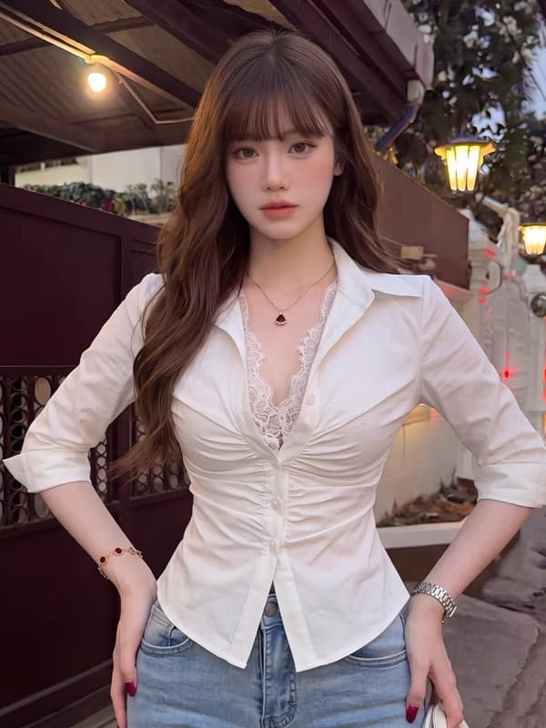 순수한 욕망 핫걸 바람 페이크 레이어드 레이스 화이트 반팔 여성 셔츠 가을 디자인 센스 몸매 가꾸기 허리 수축 품격 맨위 상세 이미지 2