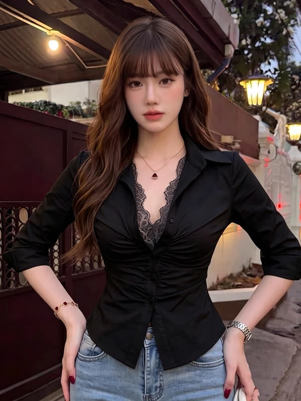 순수한 욕망 핫걸 바람 페이크 레이어드 레이스 화이트 반팔 여성 셔츠 가을 디자인 센스 몸매 가꾸기 허리 수축 품격 맨위 상세 이미지 8