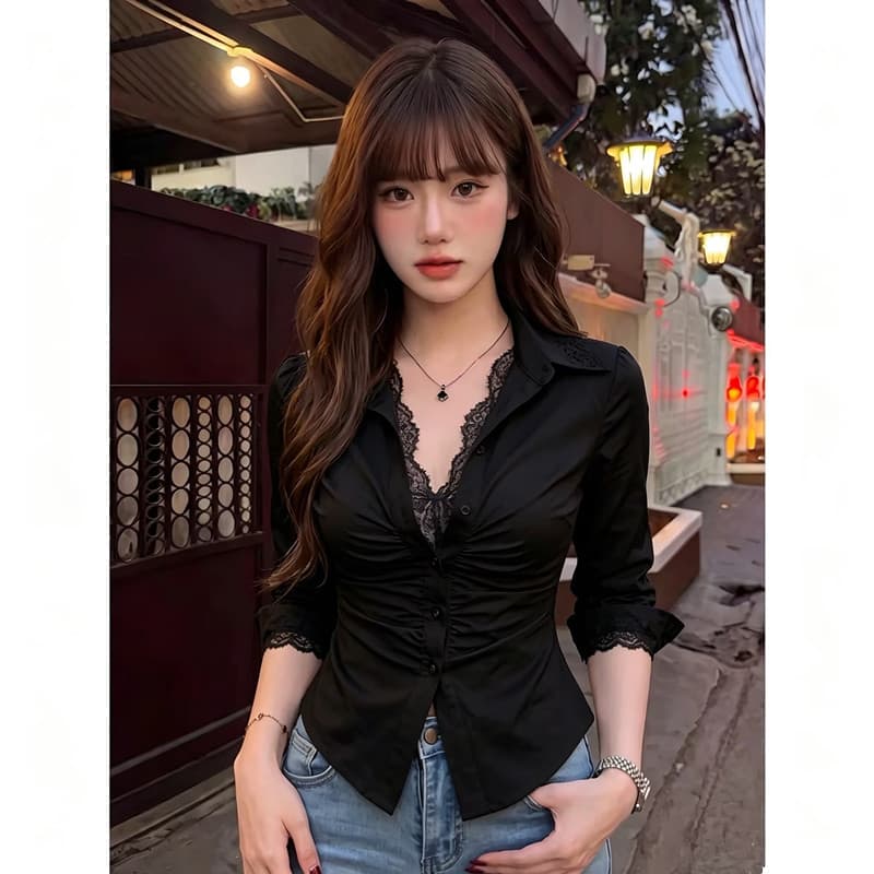 검정색 폴로 칼라 레이스 레이스 패치워크 허리 수축 7부 소매 셔츠 가을 새로운 로얄 자매 바람 고급 센스 맨위 여성