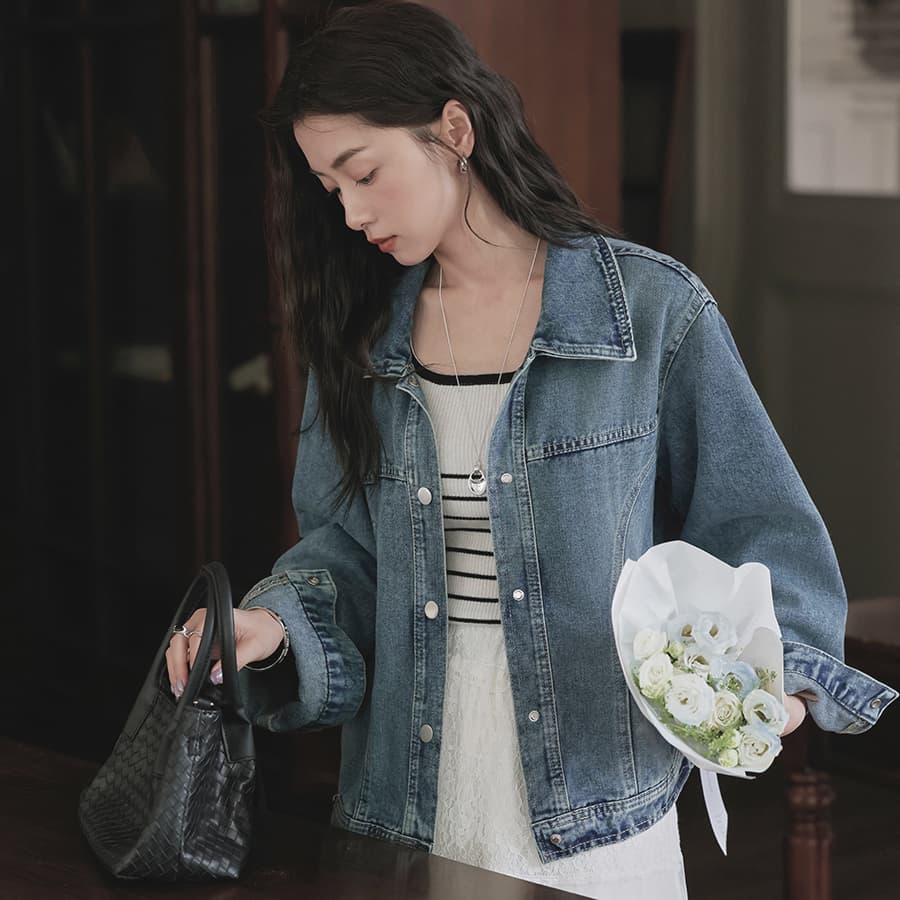 레트로 폴로 칼라 데님 여성 코트 2026 봄 새로운 디자인 센스 작은 대중 루즈핏 캐주얼 다용도 재킷 맨위 이미지 3