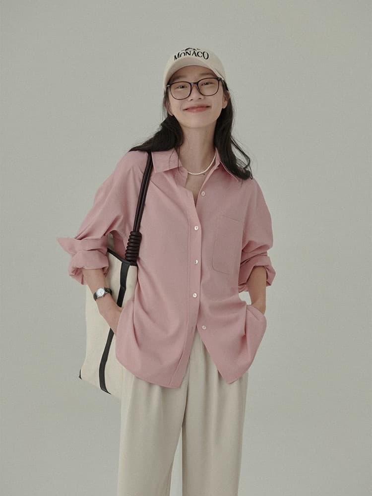 haverice 식당 화이트 복숭아 박하 상쾌 셔츠 도루 가을 쉽지 않음 주름 봄날 기초 핑크색 셔츠 맨위 이미지 2
