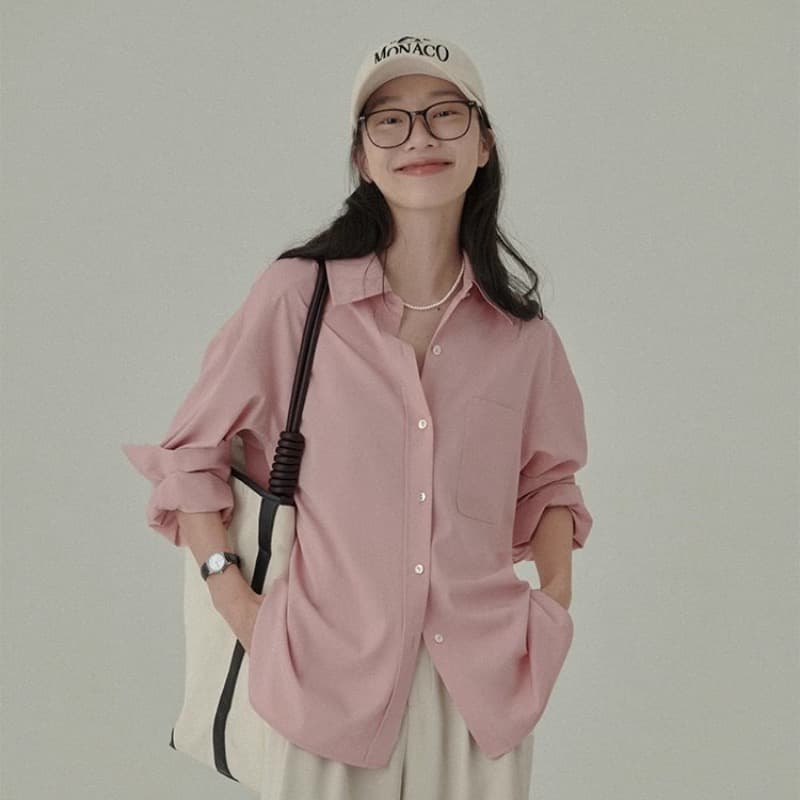 haverice 식당 화이트 복숭아 박하 상쾌 셔츠 도루 가을 쉽지 않음 주름 봄날 기초 핑크색 셔츠 맨위 이미지 5