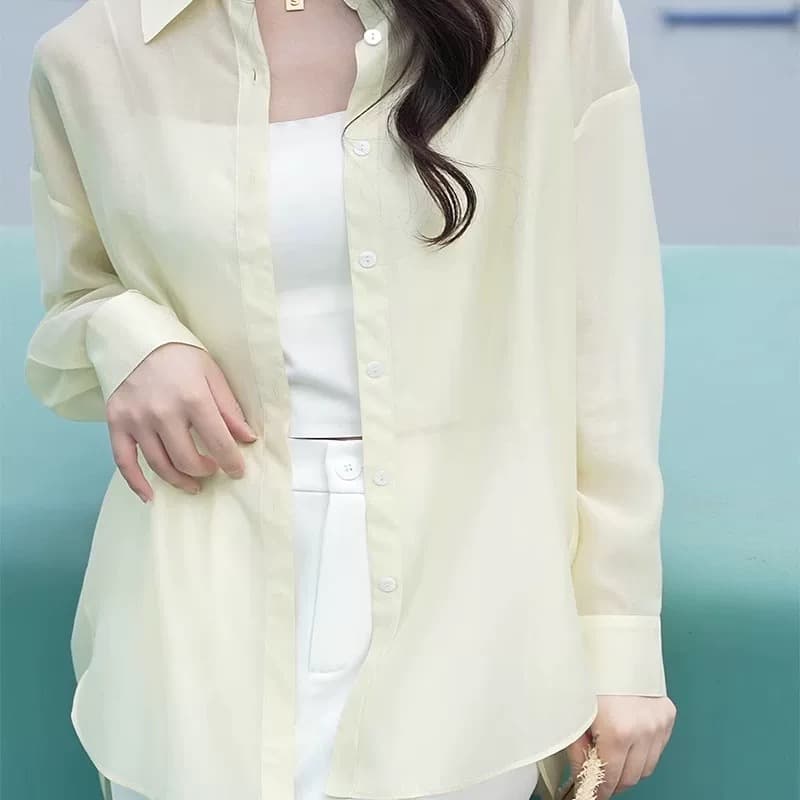 아빠 터너 라이 경기 서울 주간 실크 차가운 센스 셔츠 여름 오픈 가디건 루즈핏 작은 셔츠 여성 통기성 맨위 긴팔 셔츠 이미지 2