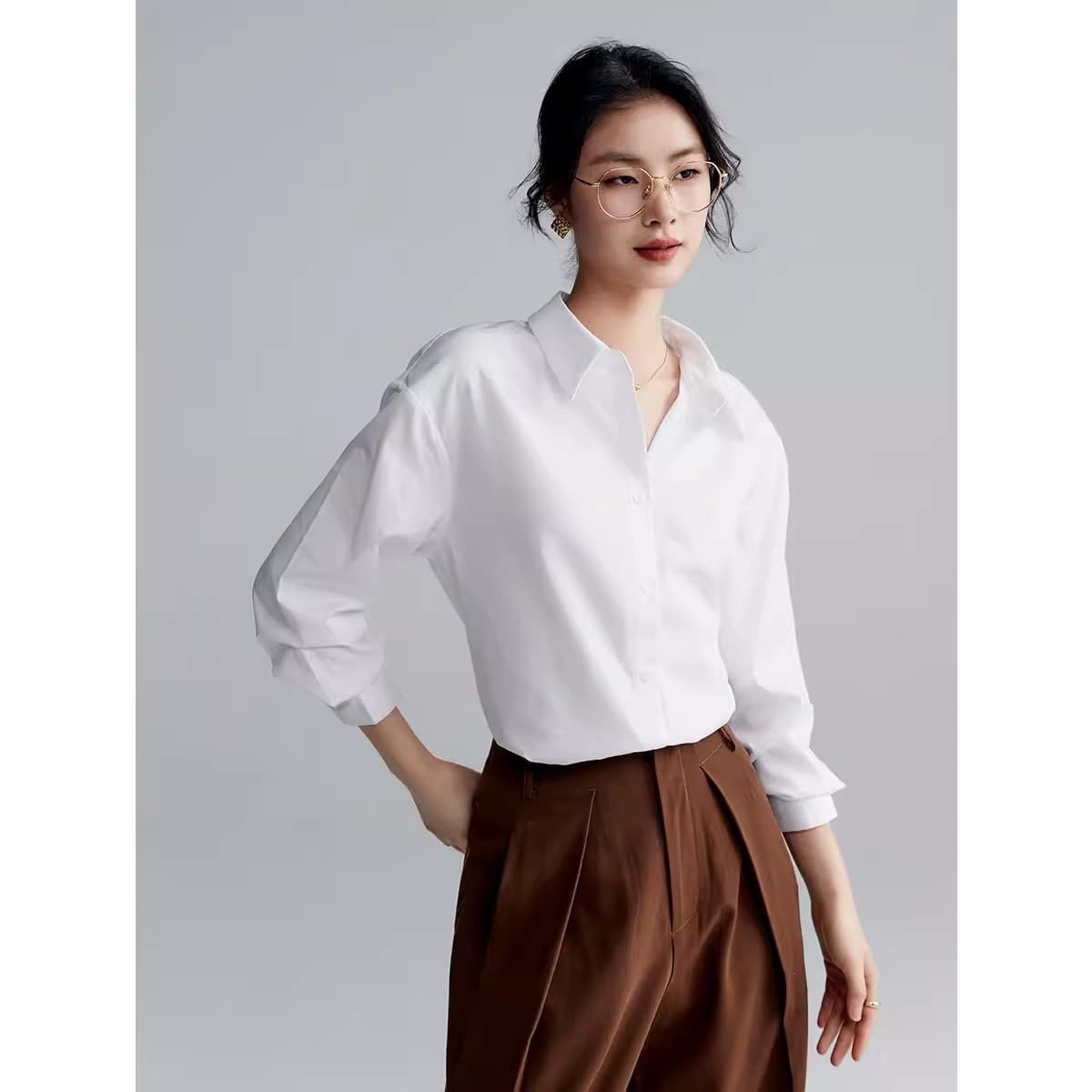 초기 면 ol 바람 80s 순면 긴팔 화이트 여성 셔츠 가을 겨울 마이크로 연삭 털 인사이드 가져 가라. 품격 길다 플러시 면 셔츠 상세 이미지 2