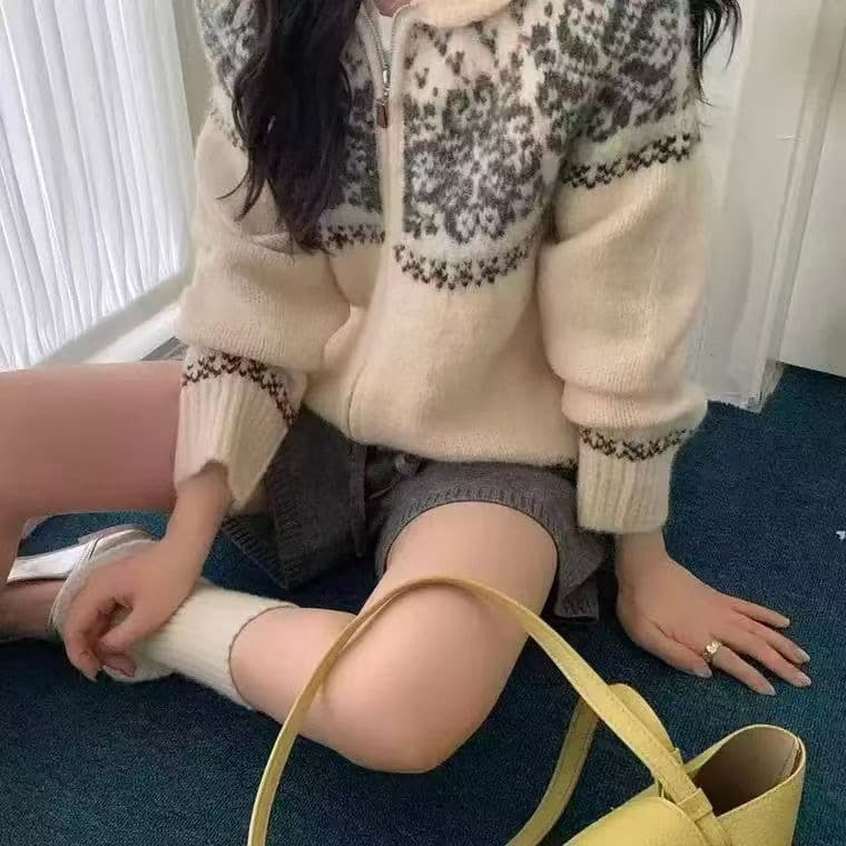 파란색 공정한 섬 자카드 폴로 칼라 스웨터 오픈 가디건 여성 코트 가을 겨울 두꺼운 느긋한 바람 니트 맨위 이미지 2