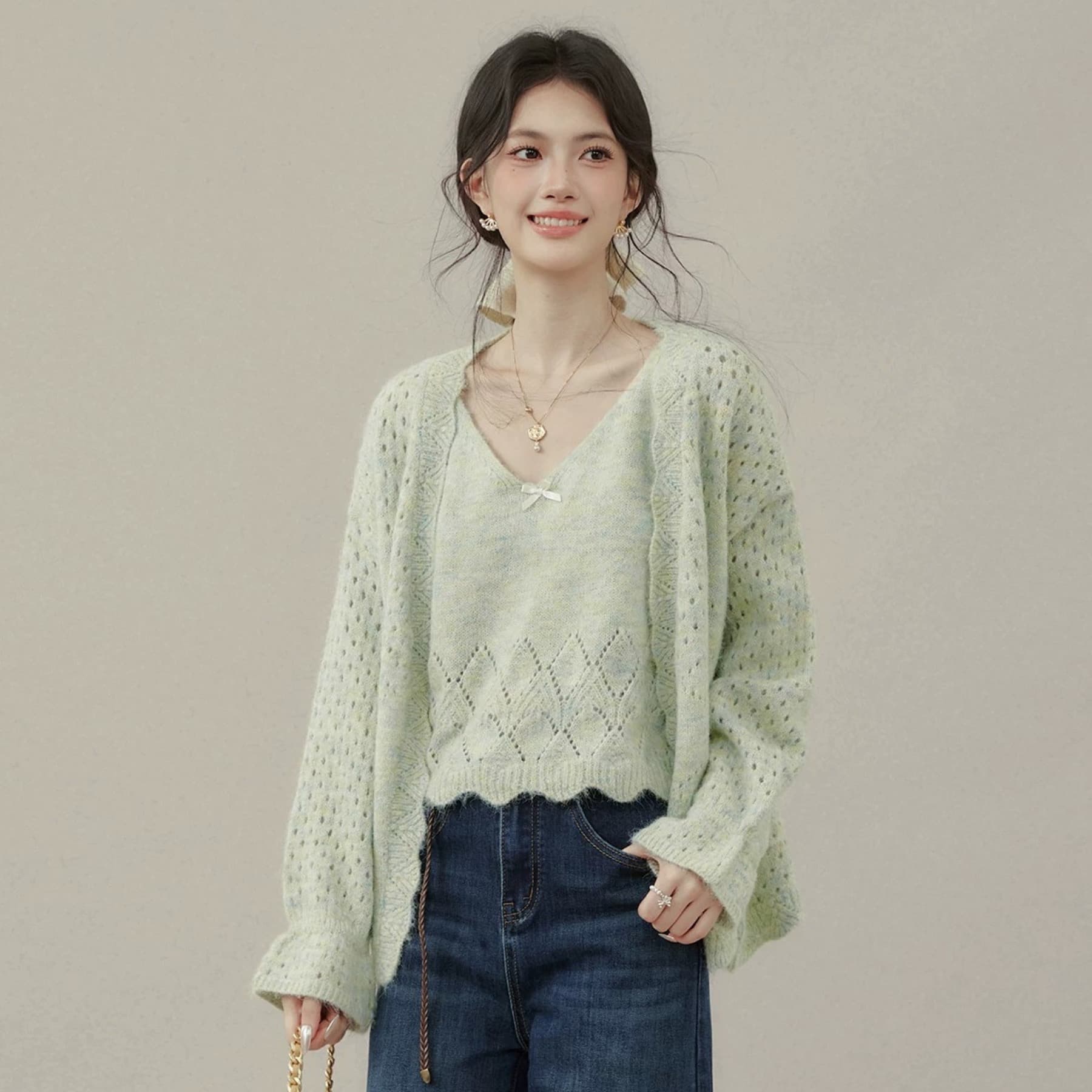 녹색 캐미솔 니트 오픈 가디건 투피스 세트 스웨터 여성 코트 가을 상세 이미지 3