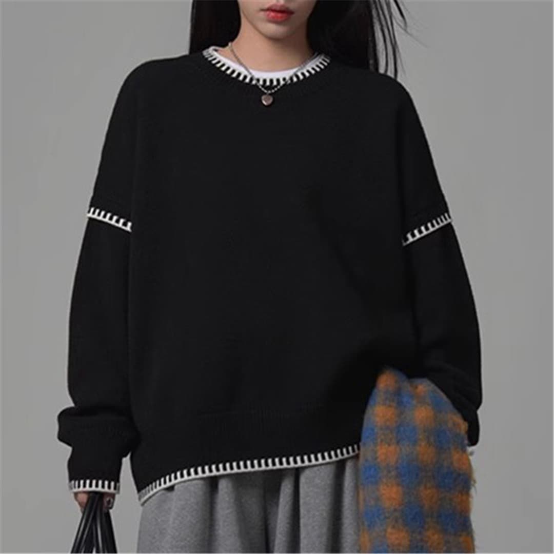 가을 겨울 손 바느질 흔적 배색 라운드 넥 풀오버 니트 스웨터 여자 루즈핏 디자인 센스 맨위 이미지 3