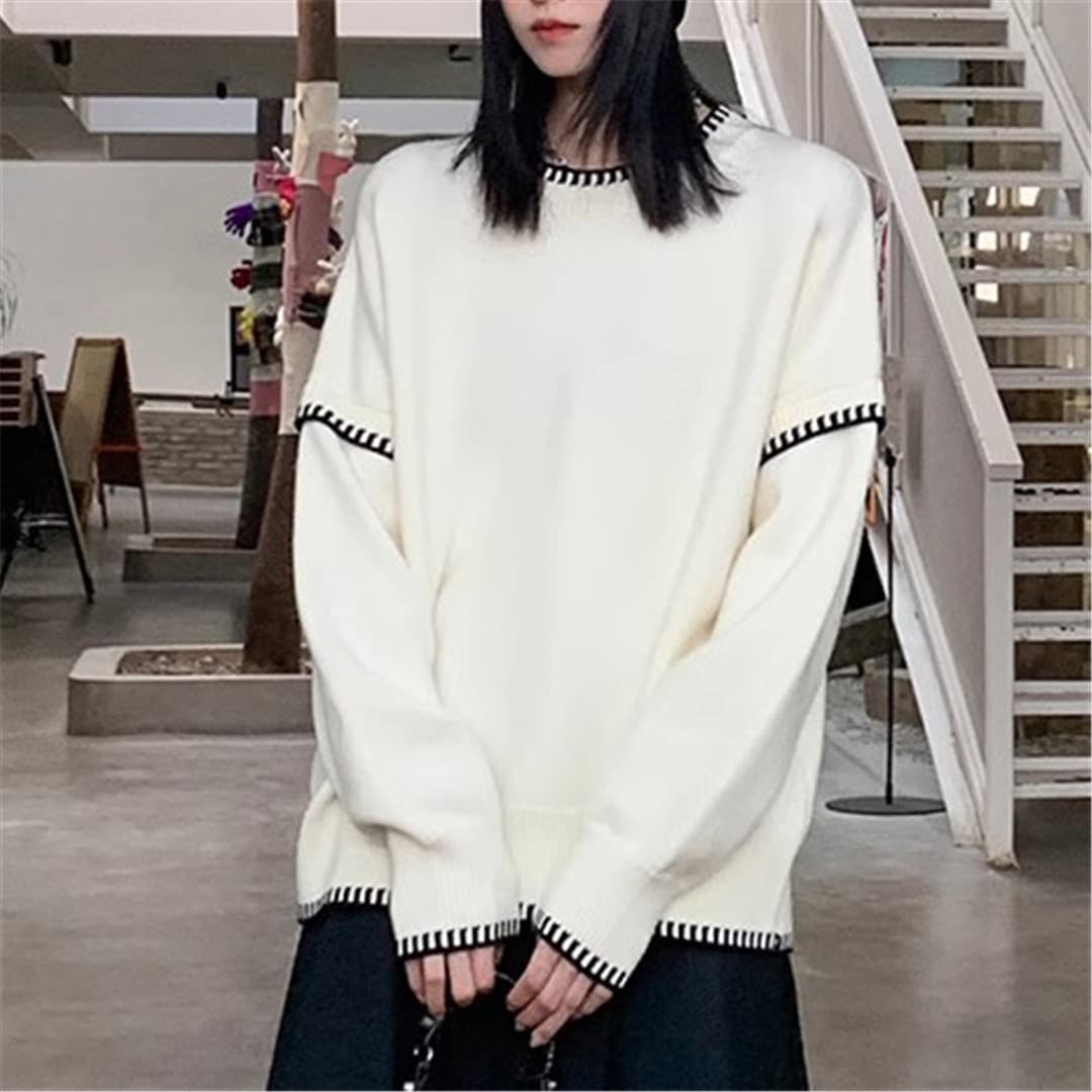 가을 겨울 손 바느질 흔적 배색 라운드 넥 풀오버 니트 스웨터 여자 루즈핏 디자인 센스 맨위 이미지 2