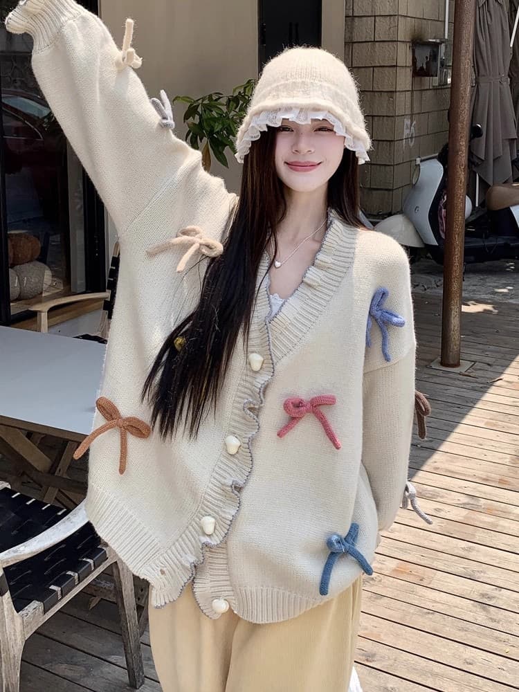 한 부서 부드러운 달콤함 무거운 작업 디자인 맨위 여성 가을 3 차원 나비 매듭 하트 버클 프릴 스웨터 오픈 가디건 이미지 3