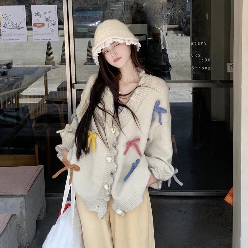 한 부서 부드러운 달콤함 무거운 작업 디자인 맨위 여성 가을 3 차원 나비 매듭 하트 버클 프릴 스웨터 오픈 가디건 상세 이미지 1