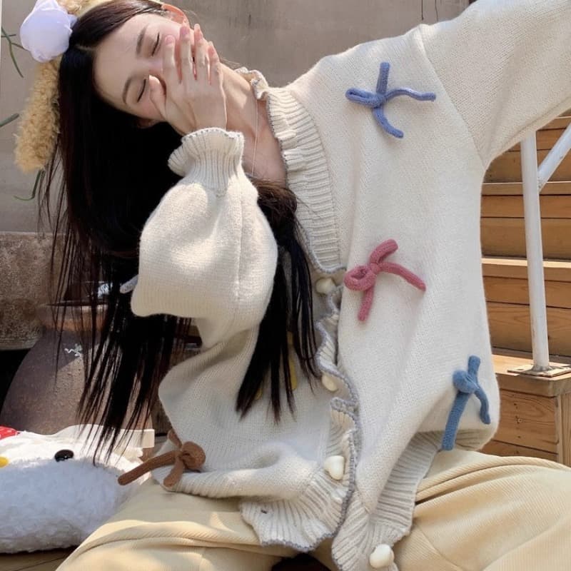 한 부서 부드러운 달콤함 무거운 작업 디자인 맨위 여성 가을 3 차원 나비 매듭 하트 버클 프릴 스웨터 오픈 가디건 상세 이미지 2