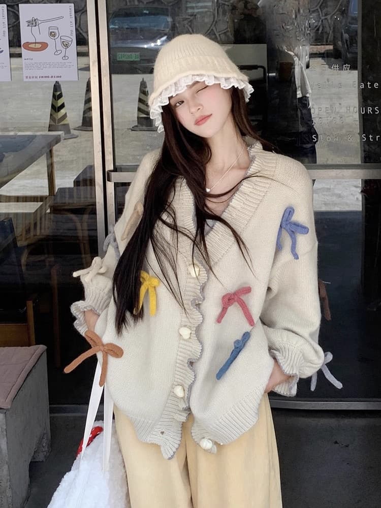 한 부서 부드러운 달콤함 무거운 작업 디자인 맨위 여성 가을 3 차원 나비 매듭 하트 버클 프릴 스웨터 오픈 가디건 상세 이미지 3