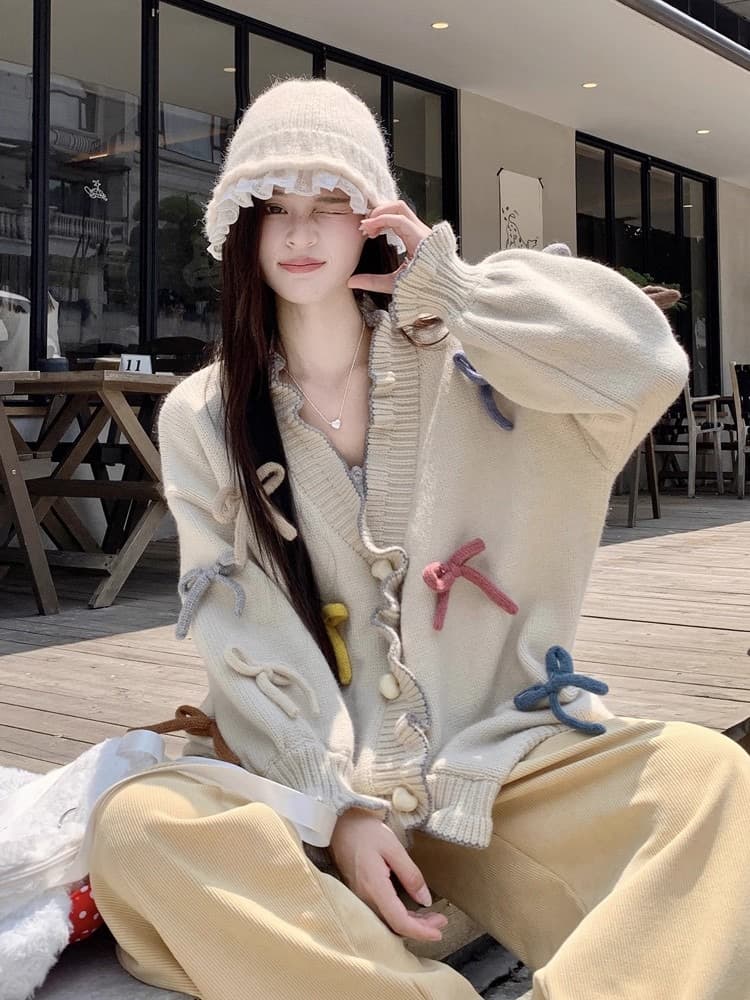 한 부서 부드러운 달콤함 무거운 작업 디자인 맨위 여성 가을 3 차원 나비 매듭 하트 버클 프릴 스웨터 오픈 가디건 상세 이미지 6
