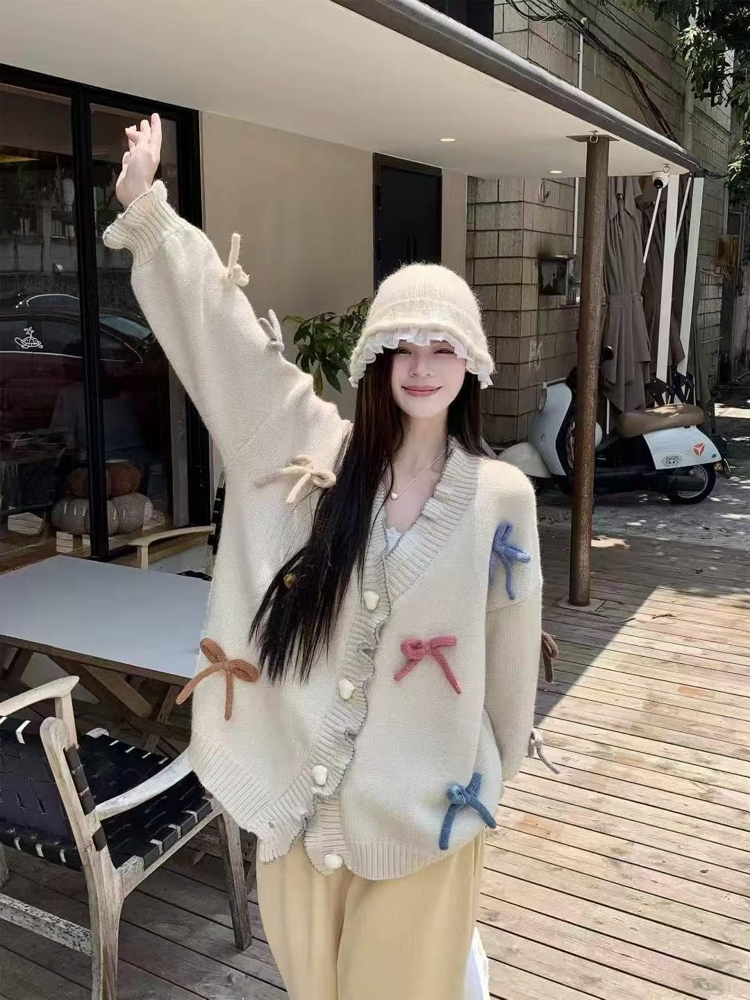 한 부서 부드러운 달콤함 무거운 작업 디자인 맨위 여성 가을 3 차원 나비 매듭 하트 버클 프릴 스웨터 오픈 가디건 상세 이미지 7