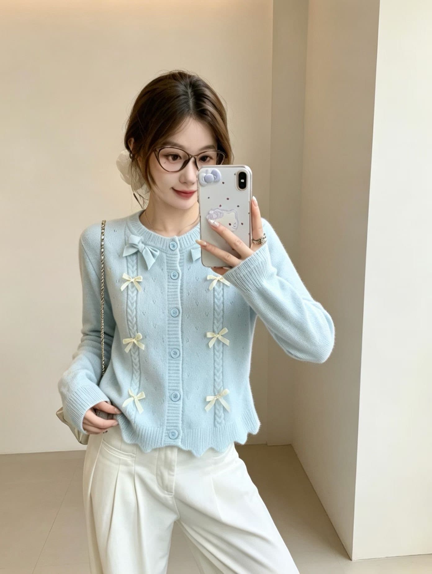 달콤한 자매 작은 샤넬 스타일 나비 매듭 스웨터 오픈 가디건 여성 봄 가을 부드러운 편안함 부드러운 찹쌀 니트 재킷 느긋한 느슨함 센스 상세 이미지 5