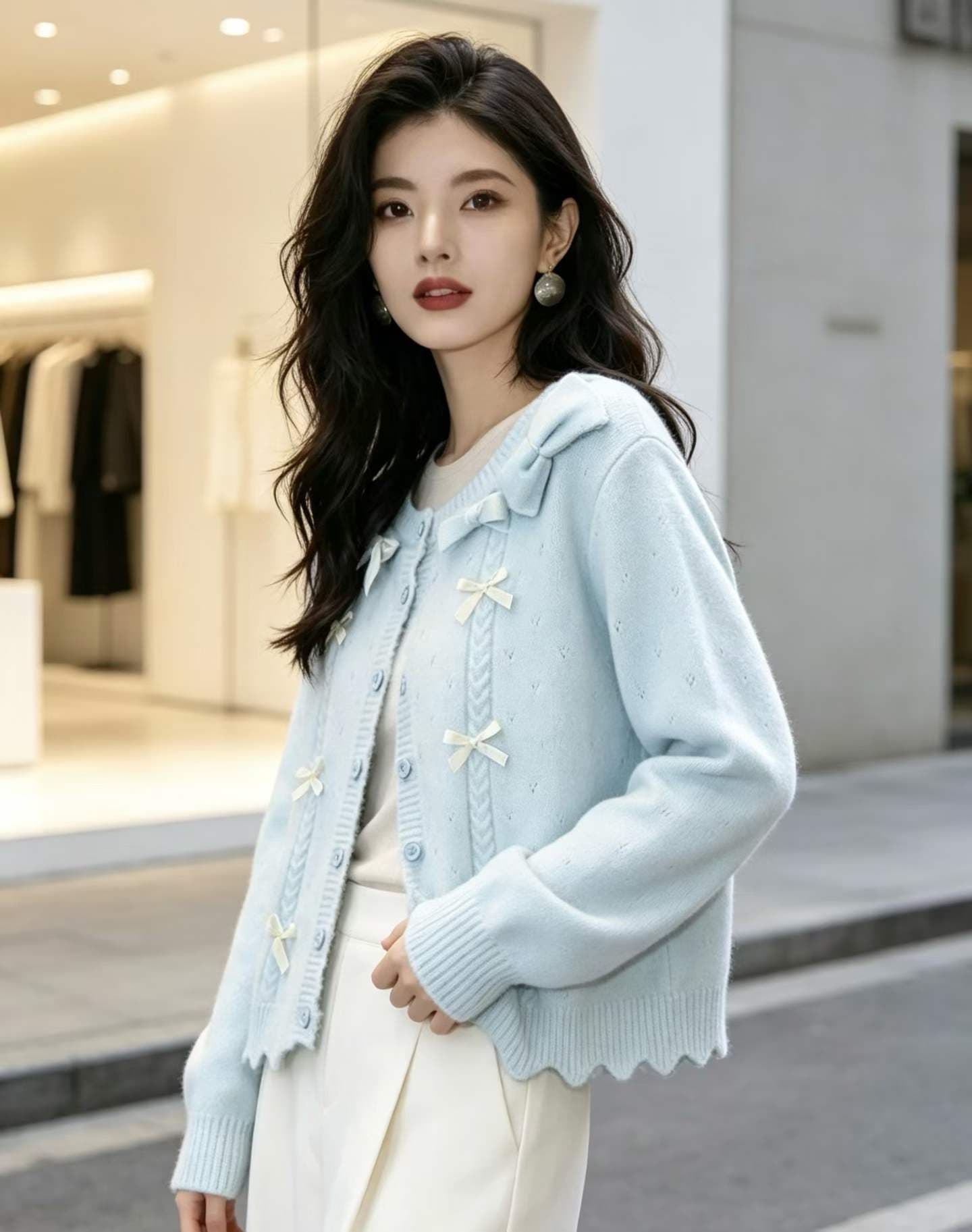 달콤한 자매 작은 샤넬 스타일 나비 매듭 스웨터 오픈 가디건 여성 봄 가을 부드러운 편안함 부드러운 찹쌀 니트 재킷 느긋한 느슨함 센스