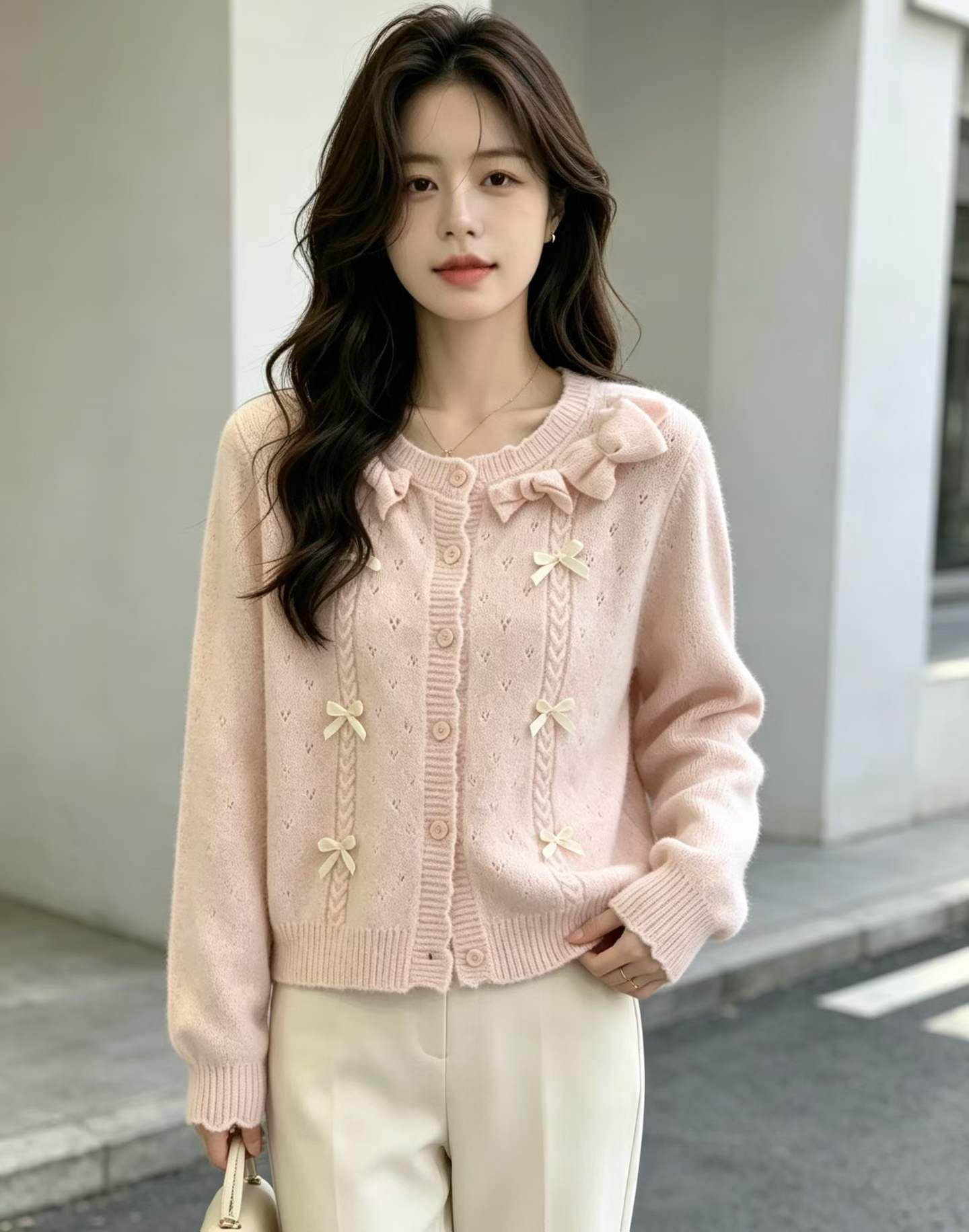 달콤한 자매 작은 샤넬 스타일 나비 매듭 스웨터 오픈 가디건 여성 봄 가을 부드러운 편안함 부드러운 찹쌀 니트 재킷 느긋한 느슨함 센스 상세 이미지 1