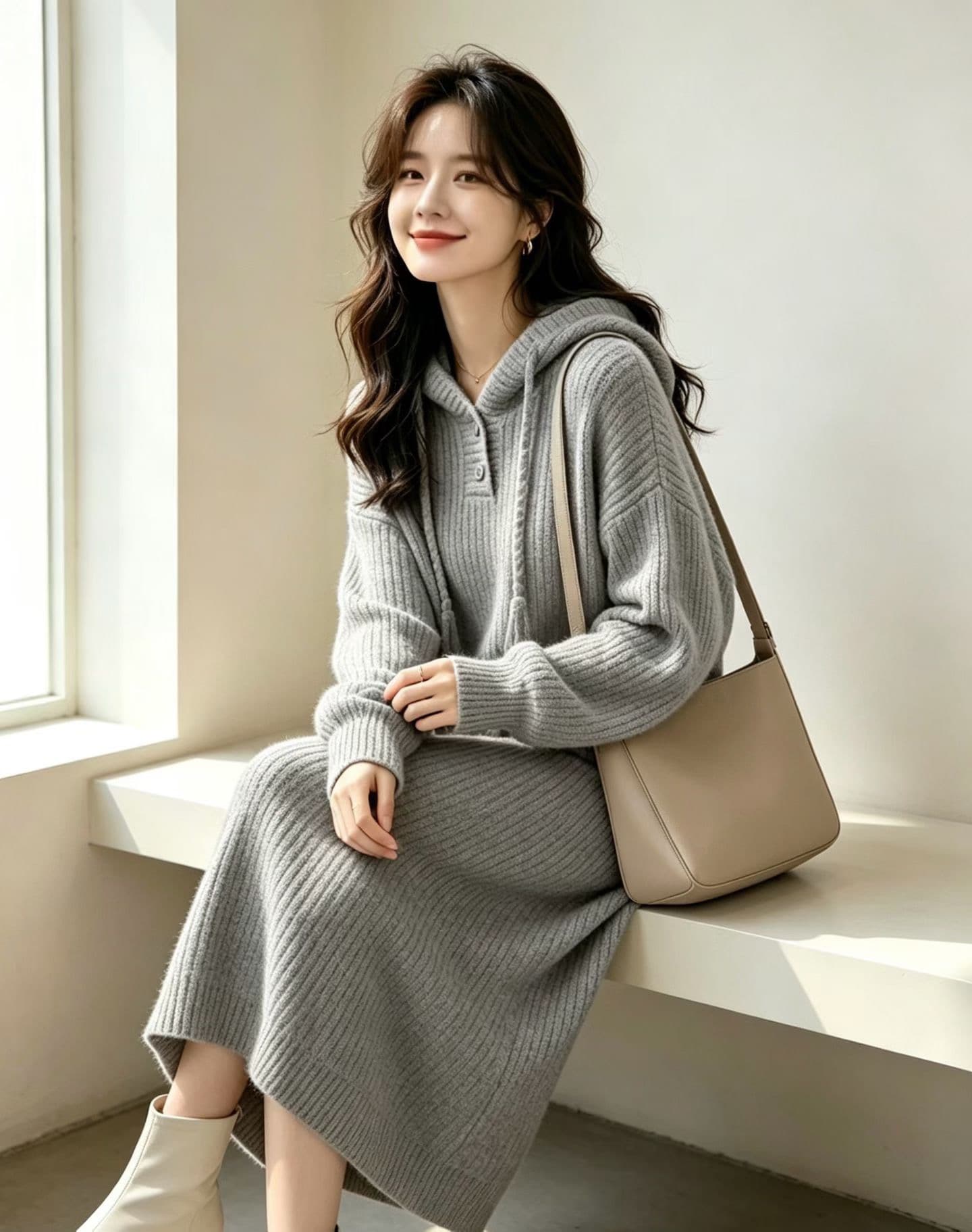 후드 디자인 무릎 아래 롱 코트 스웨터 드레스 아이들 빅 사이즈 지방 mm 표지 배 슬림해 보이는 인사이드 가져 가라. 품격 니트 드레스 이미지 3