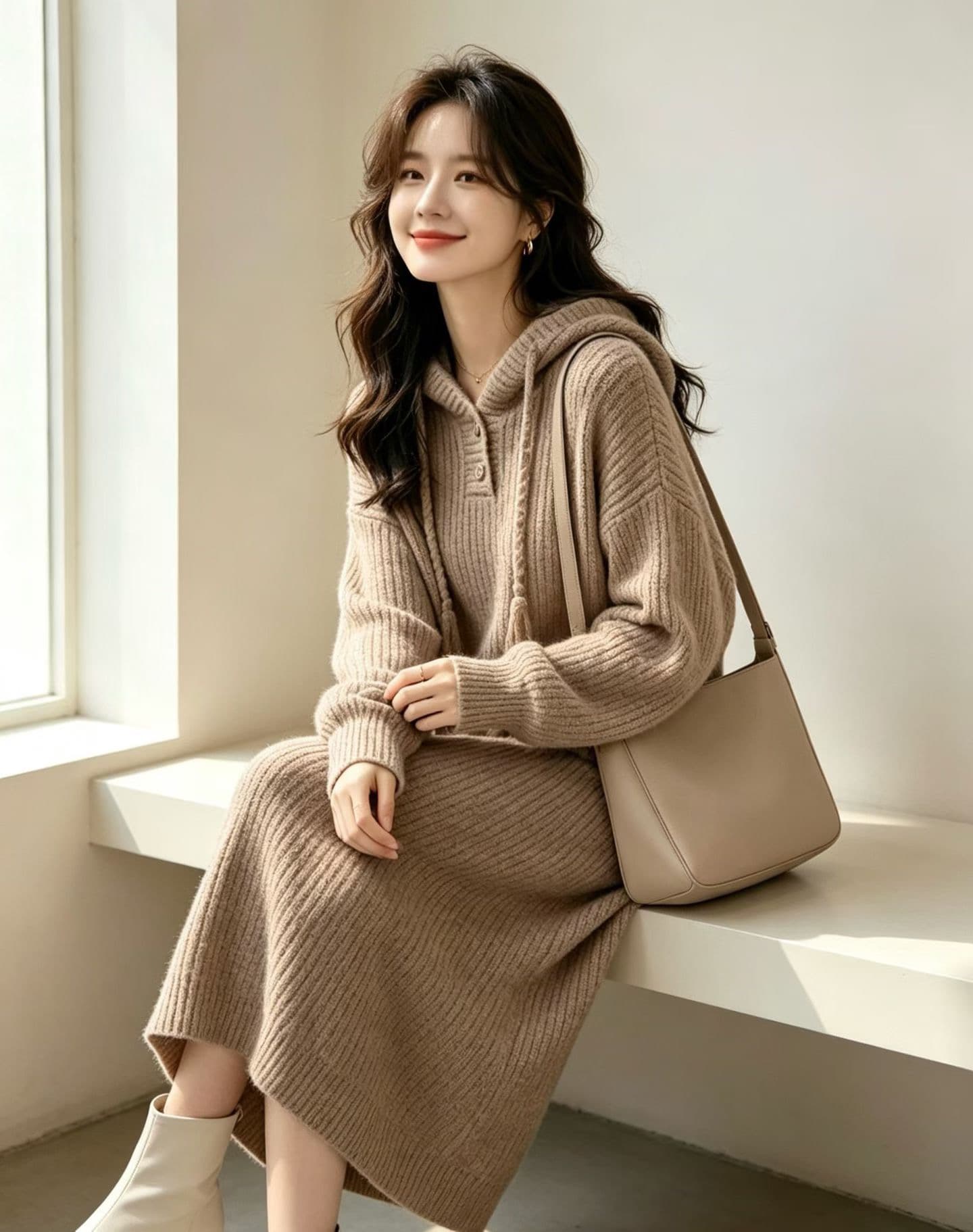 후드 디자인 무릎 아래 롱 코트 스웨터 드레스 아이들 빅 사이즈 지방 mm 표지 배 슬림해 보이는 인사이드 가져 가라. 품격 니트 드레스 이미지 2