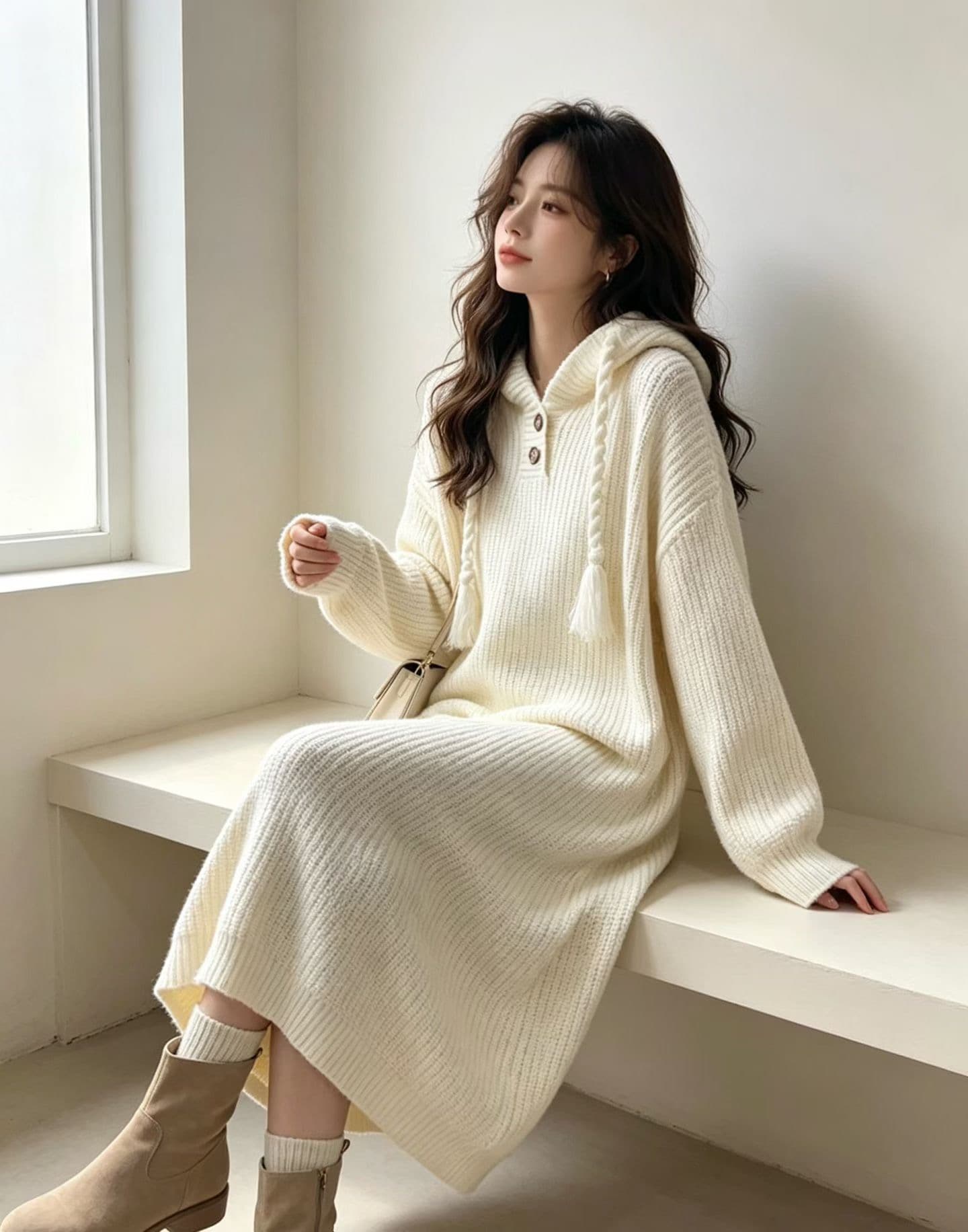 후드 디자인 무릎 아래 롱 코트 스웨터 드레스 아이들 빅 사이즈 지방 mm 표지 배 슬림해 보이는 인사이드 가져 가라. 품격 니트 드레스