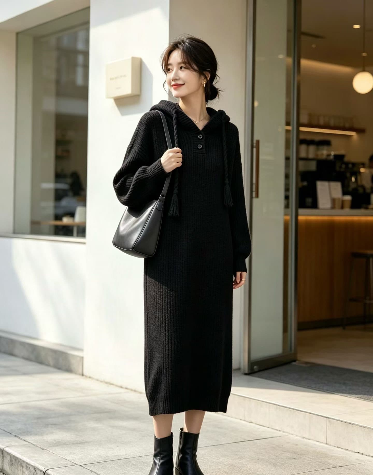 후드 디자인 무릎 아래 롱 코트 스웨터 드레스 아이들 빅 사이즈 지방 mm 표지 배 슬림해 보이는 인사이드 가져 가라. 품격 니트 드레스 상세 이미지 1