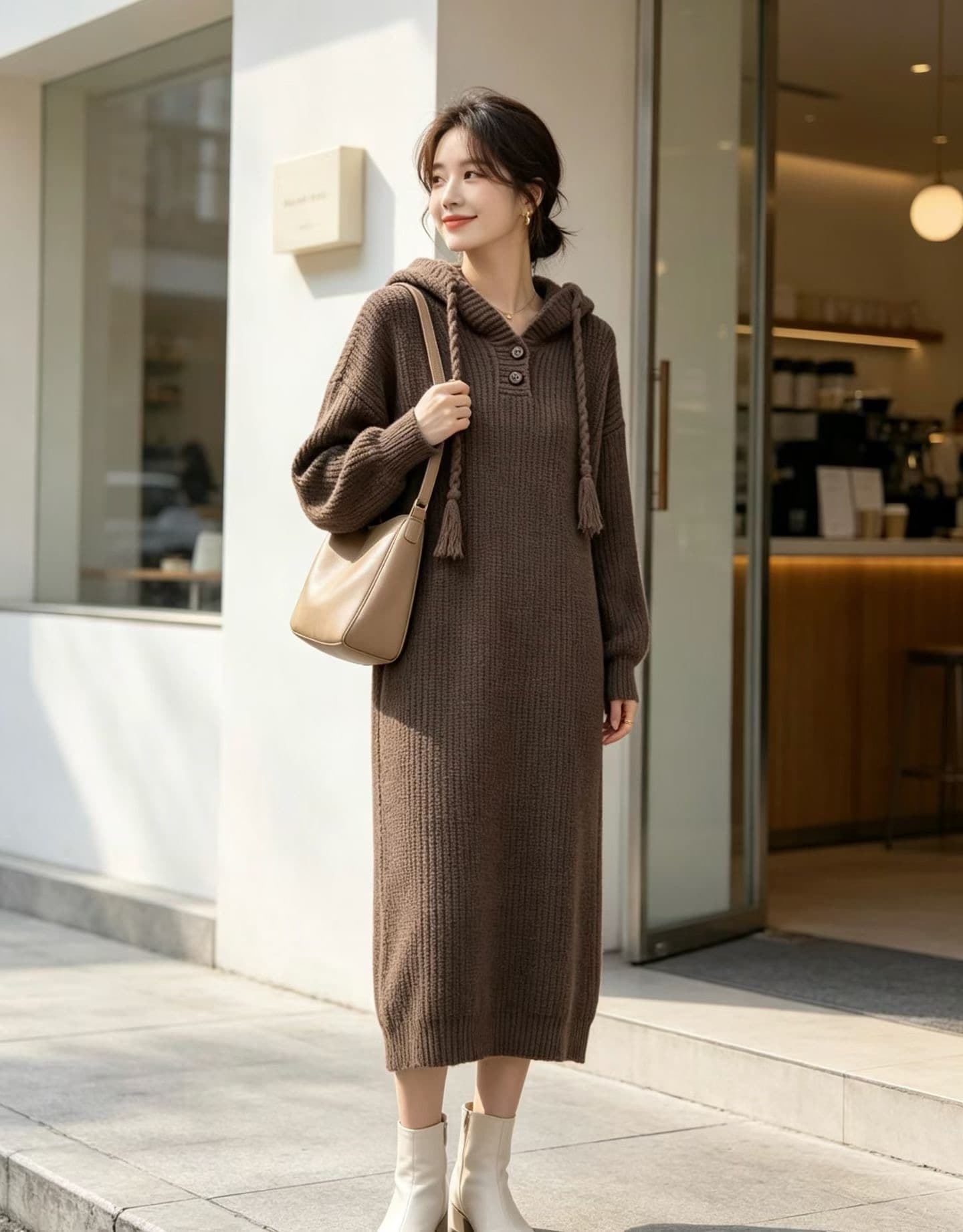 후드 디자인 무릎 아래 롱 코트 스웨터 드레스 아이들 빅 사이즈 지방 mm 표지 배 슬림해 보이는 인사이드 가져 가라. 품격 니트 드레스 상세 이미지 4