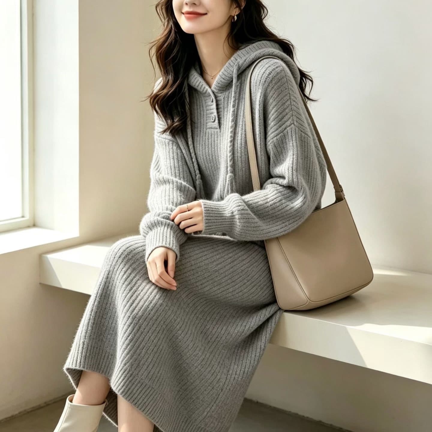 후드 디자인 무릎 아래 롱 코트 스웨터 드레스 아이들 빅 사이즈 지방 mm 표지 배 슬림해 보이는 인사이드 가져 가라. 품격 니트 드레스 상세 이미지 6