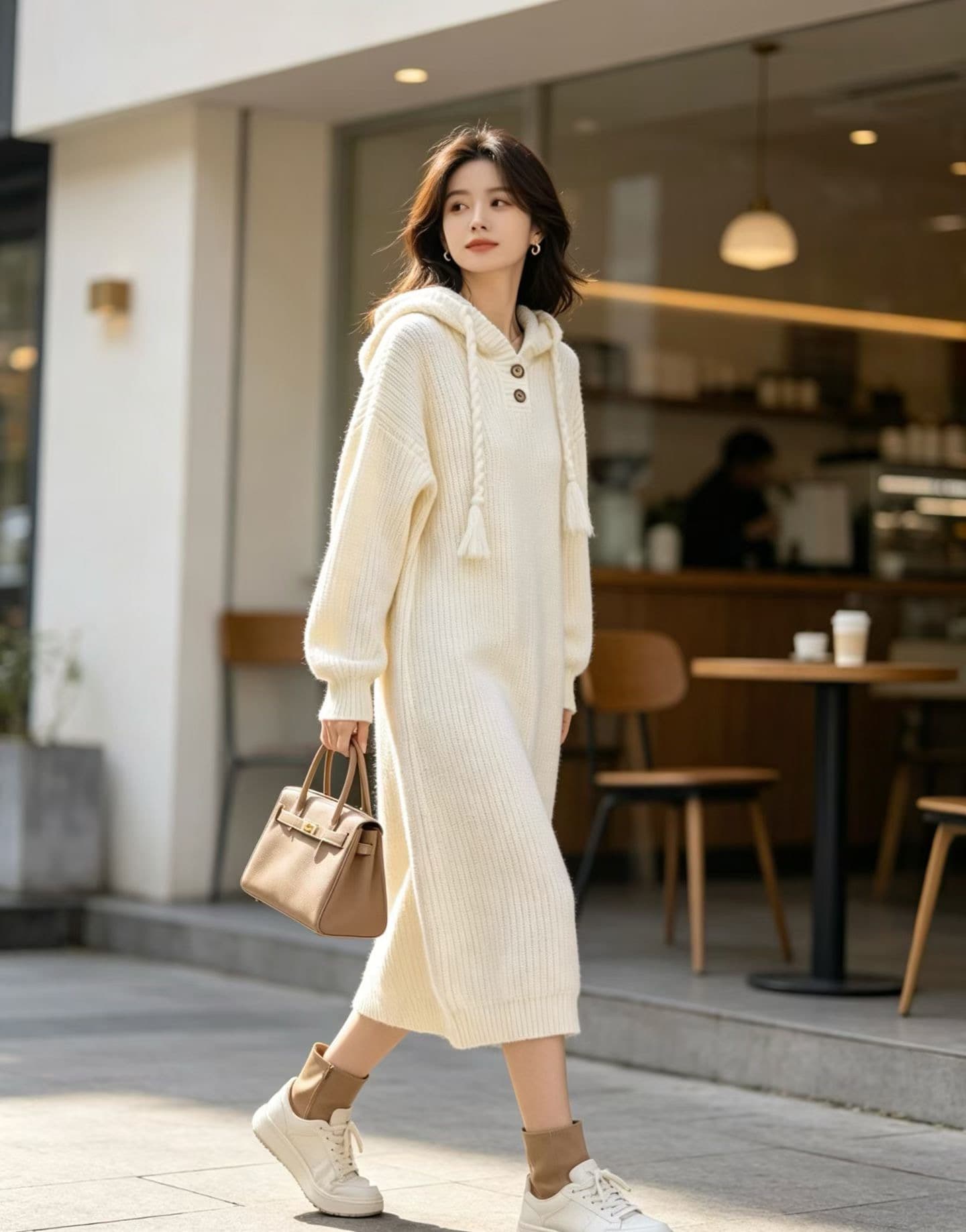 후드 디자인 무릎 아래 롱 코트 스웨터 드레스 아이들 빅 사이즈 지방 mm 표지 배 슬림해 보이는 인사이드 가져 가라. 품격 니트 드레스 상세 이미지 8