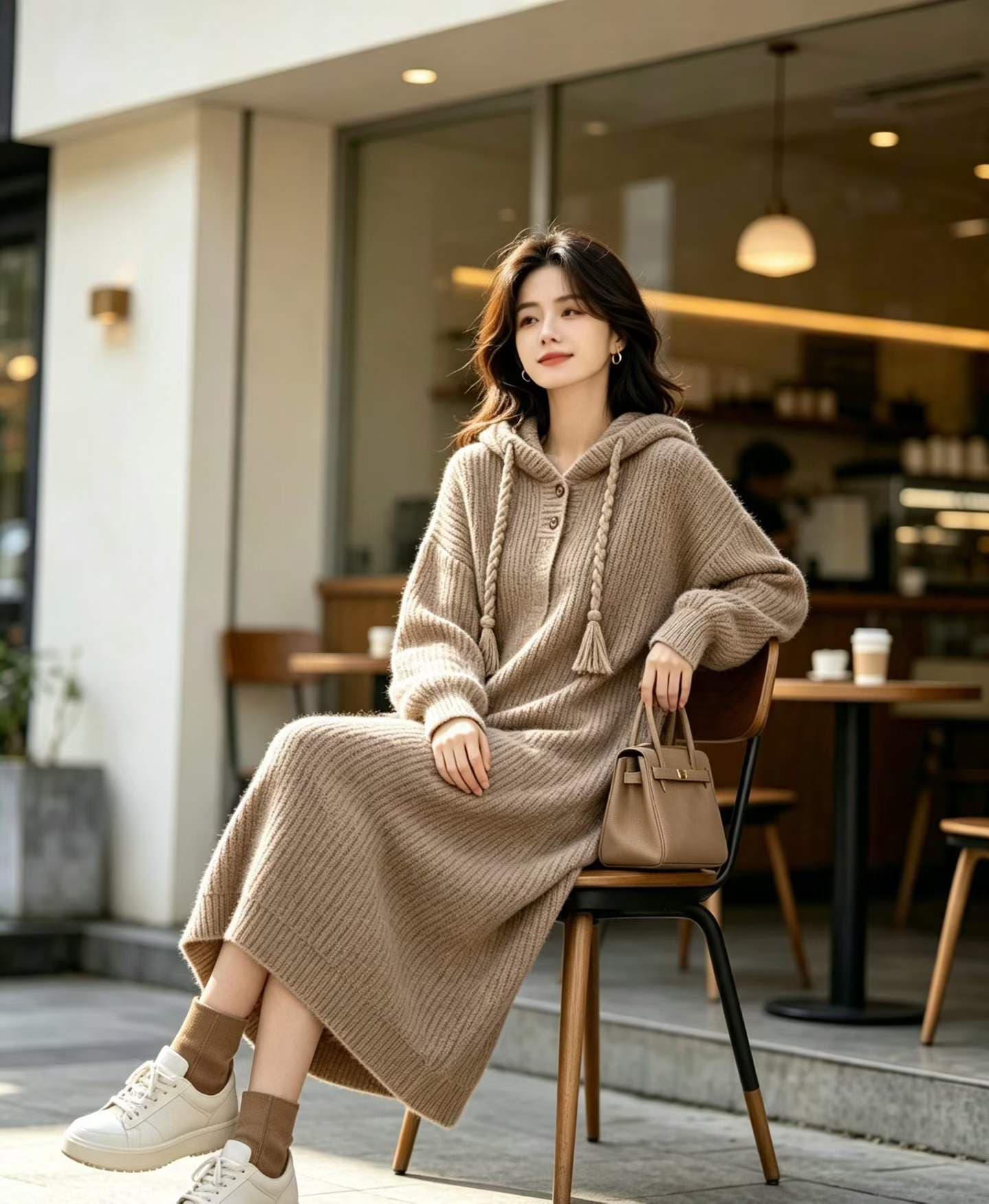 후드 디자인 무릎 아래 롱 코트 스웨터 드레스 아이들 빅 사이즈 지방 mm 표지 배 슬림해 보이는 인사이드 가져 가라. 품격 니트 드레스 상세 이미지 11