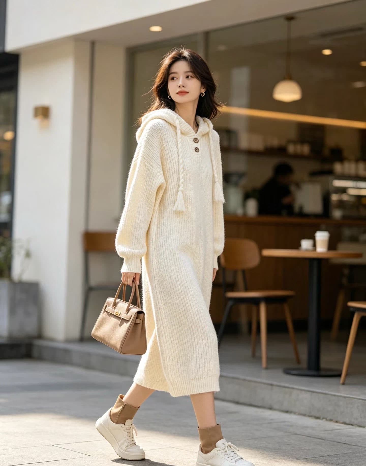 후드 디자인 무릎 아래 롱 코트 스웨터 드레스 아이들 빅 사이즈 지방 mm 표지 배 슬림해 보이는 인사이드 가져 가라. 품격 니트 드레스 상세 이미지 12