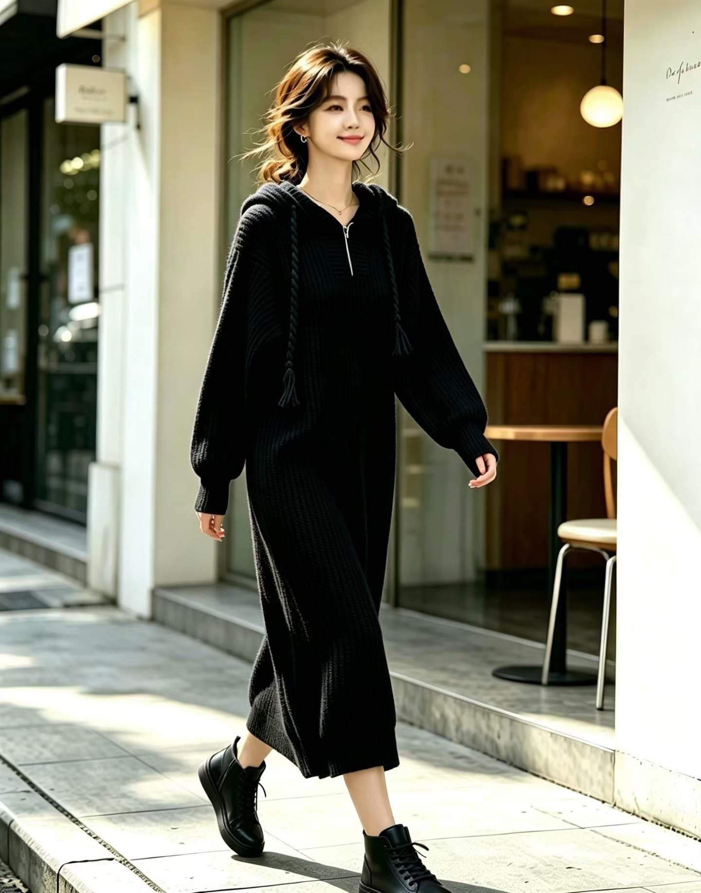 2026 새로운 가을 겨울 후드 지퍼 섹션 니트 여성 드레스 무릎 아래 롱 코트 인사이드 가져 가라. 만나는 스웨터 드레스 이미지 3