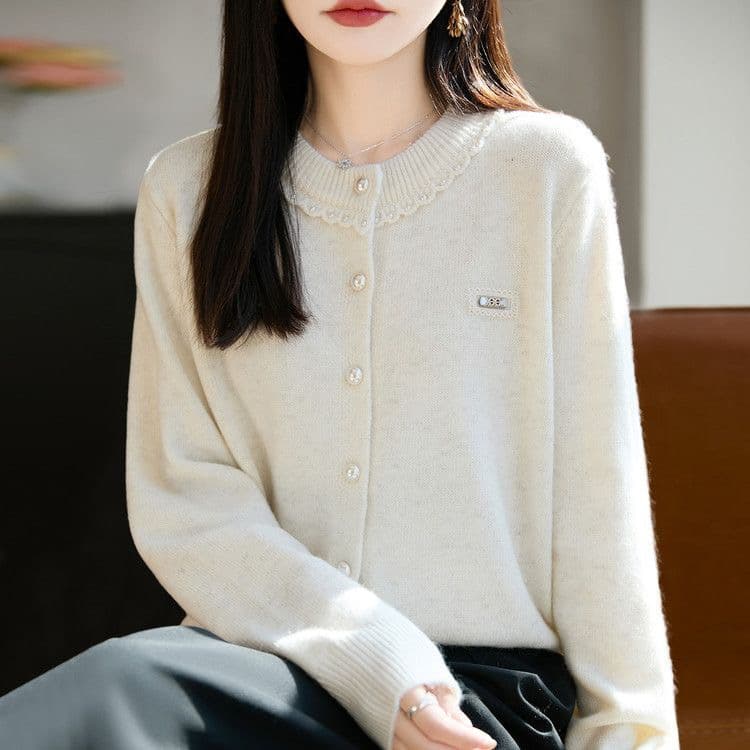 라운드 넥 한 부서 패션 진주 비즈 박기 오픈 가디건 스웨터 맨위 양모 니트 스웨터 단색 패션 품격 여성 코트 상세 이미지 3