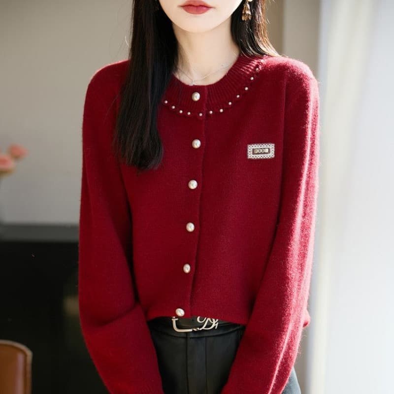 라운드 넥 한 부서 패션 진주 비즈 박기 오픈 가디건 스웨터 맨위 양모 니트 스웨터 단색 패션 품격 여성 코트 상세 이미지 6