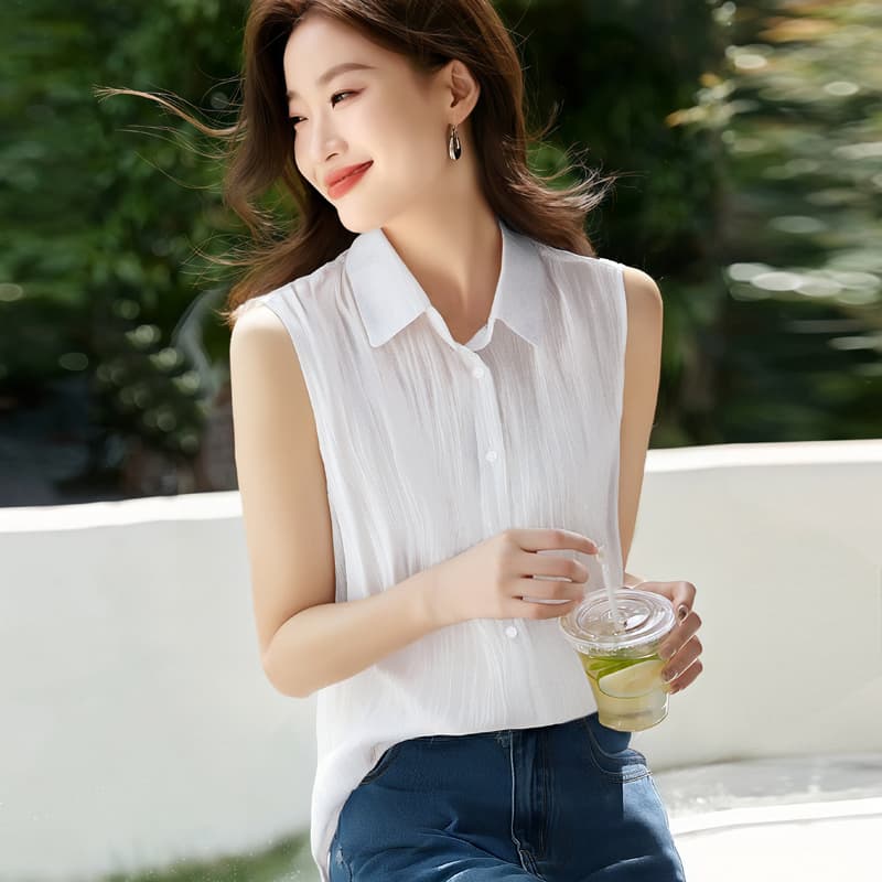 실사 고급 주간 실크 대나무 서명 2026 새로운 여성 레저 패션 다용도 조끼 셔츠 민소매 루즈핏 맨위 이미지 4