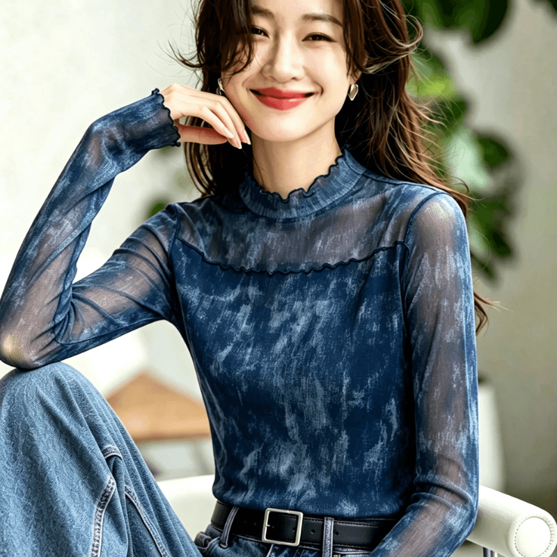 2026 긴팔 맨위 반하이넥 몸매 가꾸기 한국 넷 고급 기본 셔츠 여성 겨울 새로운 프린트 티셔츠 이미지 2