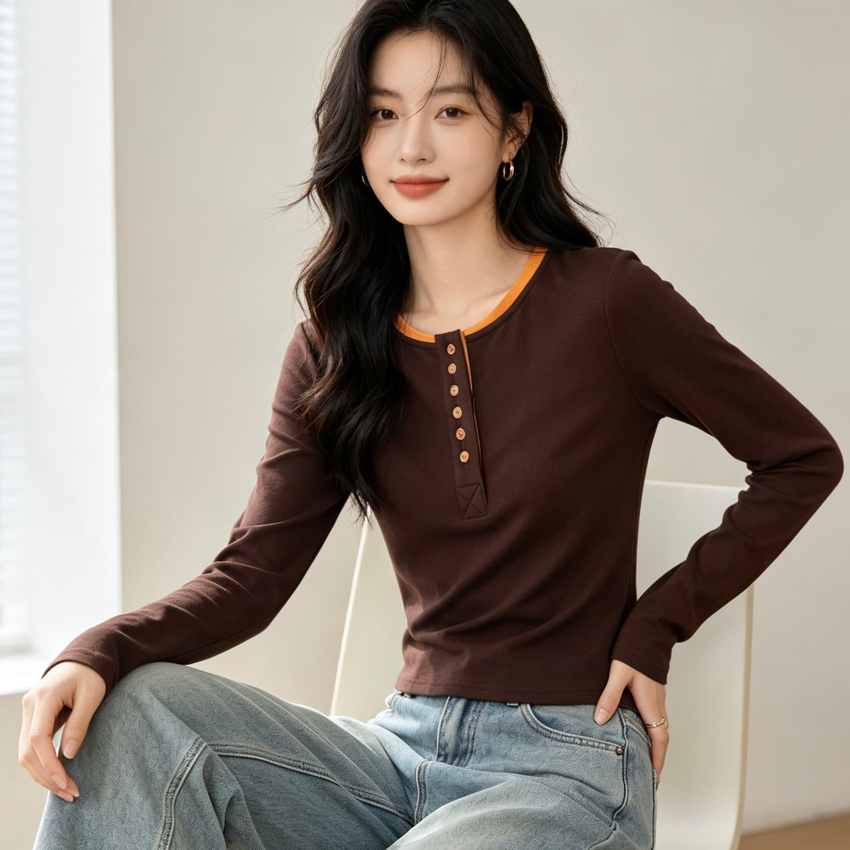 실사 페이크 레이어드 패치워크 색상 니트 여성 긴 소매 2026 가을 겨울 잡아라. 털 다용도 기본 셔츠 슬림해 보이는 맨위 이미지 4