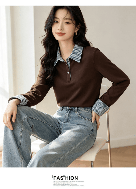 실사 페이크 레이어드 폴로 칼라 패치워크 색상 니트 여성 긴 소매 2026 겨울 연삭 털 다용도 기본 셔츠 슬림해 보이는 맨위 상세 이미지 7