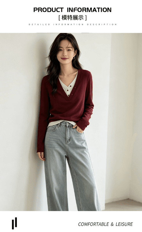 실사 페이크 레이어드 패치워크 색상 니트 여성 긴 소매 2026 겨울 연삭 털 다용도 기본 셔츠 슬림해 보이는 맨위 상세 이미지 6