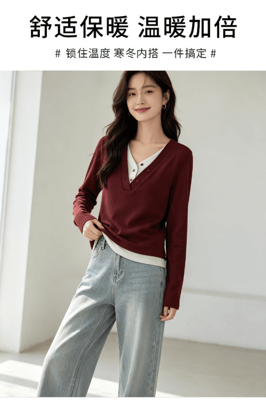 실사 페이크 레이어드 패치워크 색상 니트 여성 긴 소매 2026 겨울 연삭 털 다용도 기본 셔츠 슬림해 보이는 맨위 상세 이미지 12