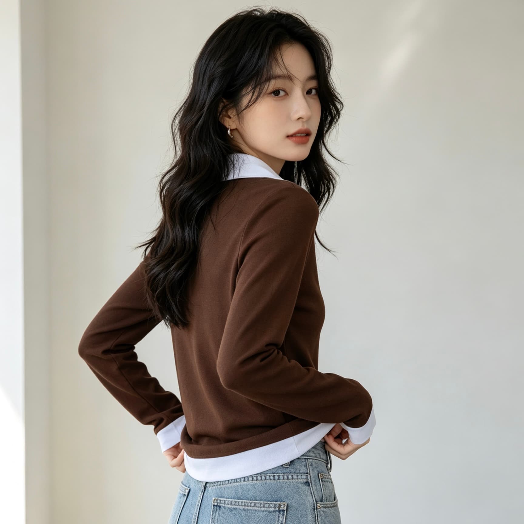 실사 페이크 레이어드 폴로 칼라 패치워크 색상 니트 여성 긴 소매 2026 겨울 연삭 털 다용도 기본 셔츠 슬림해 보이는 맨위 이미지 4