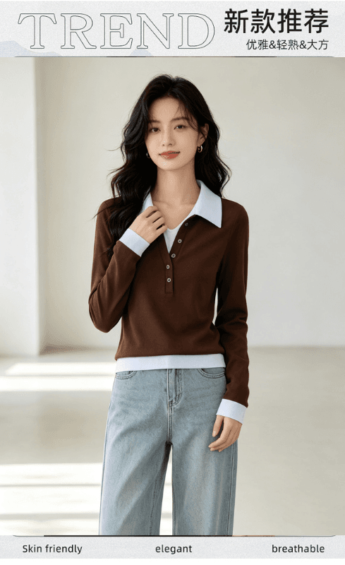 실사 페이크 레이어드 폴로 칼라 패치워크 색상 니트 여성 긴 소매 2026 겨울 연삭 털 다용도 기본 셔츠 슬림해 보이는 맨위 상세 이미지 1