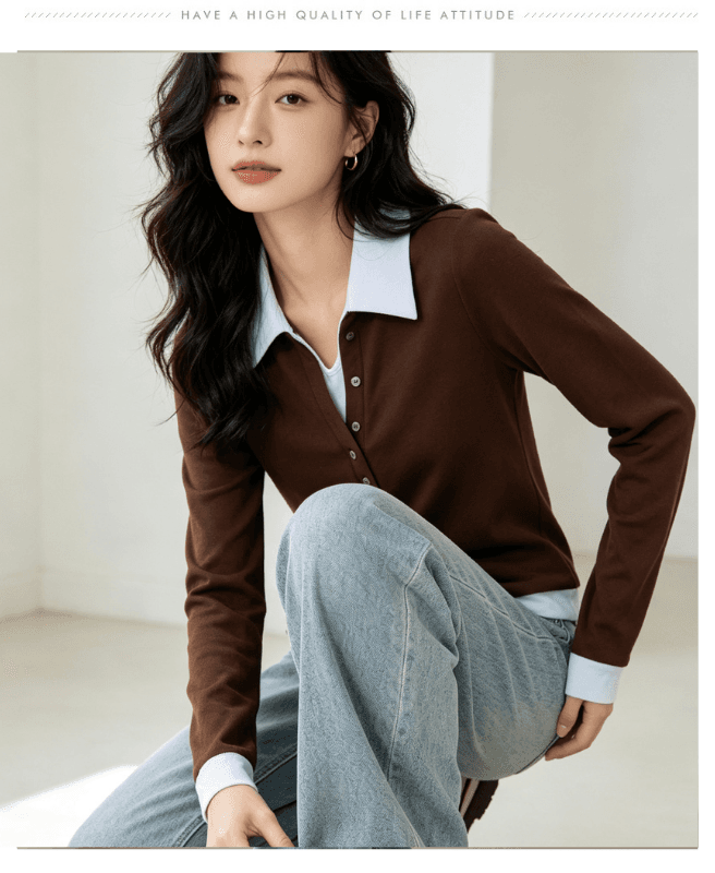 실사 페이크 레이어드 폴로 칼라 패치워크 색상 니트 여성 긴 소매 2026 겨울 연삭 털 다용도 기본 셔츠 슬림해 보이는 맨위 상세 이미지 14