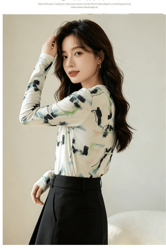 실사 2026 긴팔 디자인 센스 루즈핏 풀오버 홀치기 염색 맨위 여성 가을 한국 넷 프린트 라운드 넥 티셔츠 상세 이미지 12