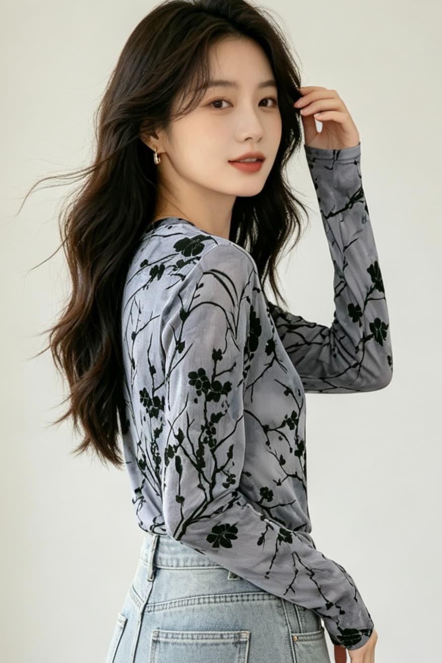 실사 2026 긴팔 디자인 센스 루즈핏 풀오버 한국 넷 식물 플러시 맨위 여성 가을 새로운 프린트 라운드 넥 티셔츠 이미지 7