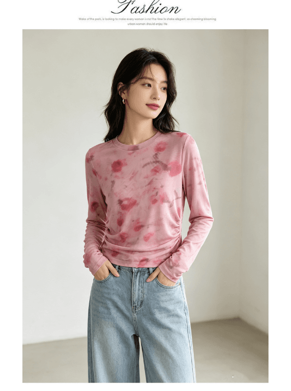 실사 2026 긴팔 디자인 센스 루즈핏 풀오버 홀치기 염색 맨위 여성 가을 새로운 한국 넷 프린트 라운드 넥 티셔츠 상세 이미지 11