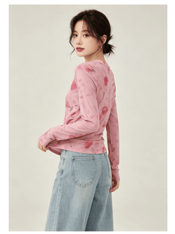 실사 2026 긴팔 디자인 센스 루즈핏 풀오버 홀치기 염색 맨위 여성 가을 새로운 한국 넷 프린트 라운드 넥 티셔츠 상세 이미지 13
