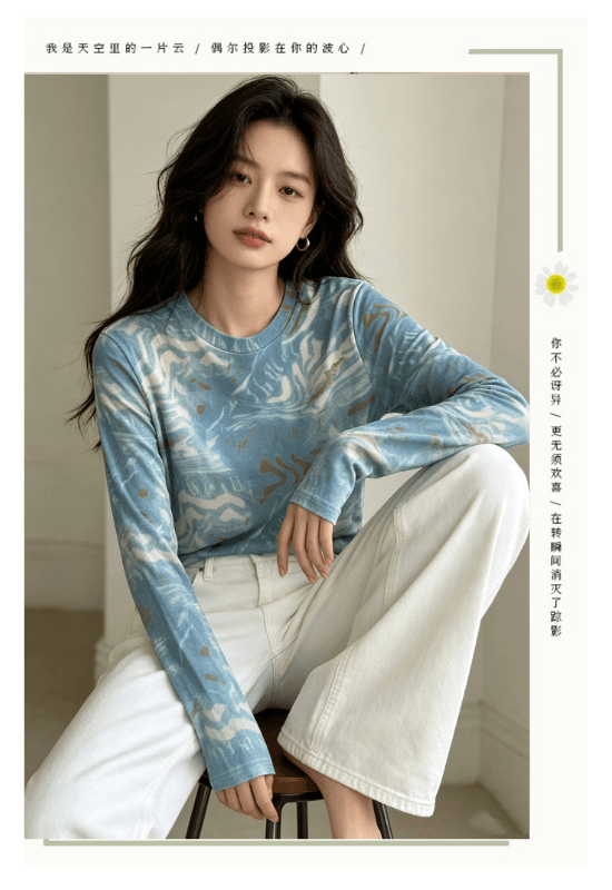 실사 2026 긴팔 맨위 디자인 센스 몸매 가꾸기 고급 홀치기 염색 기본 셔츠 여성 가을 새로운 프린트 티셔츠 상세 이미지 4