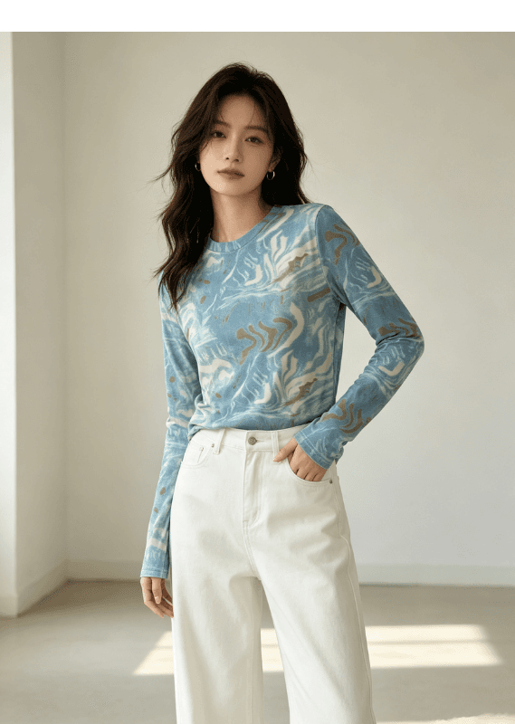 실사 2026 긴팔 맨위 디자인 센스 몸매 가꾸기 고급 홀치기 염색 기본 셔츠 여성 가을 새로운 프린트 티셔츠 상세 이미지 12